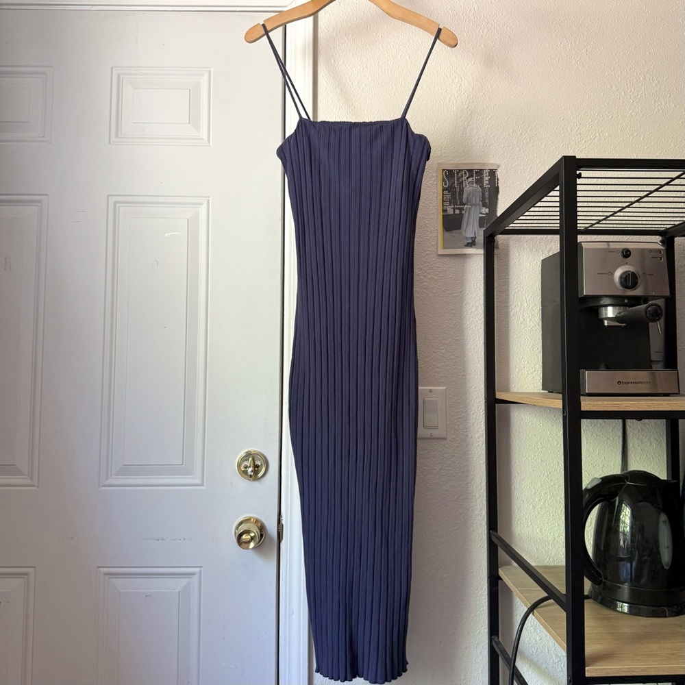 COZECO navy indigo blue organic cotton rib ribbed‎ knit bodycon midi dress